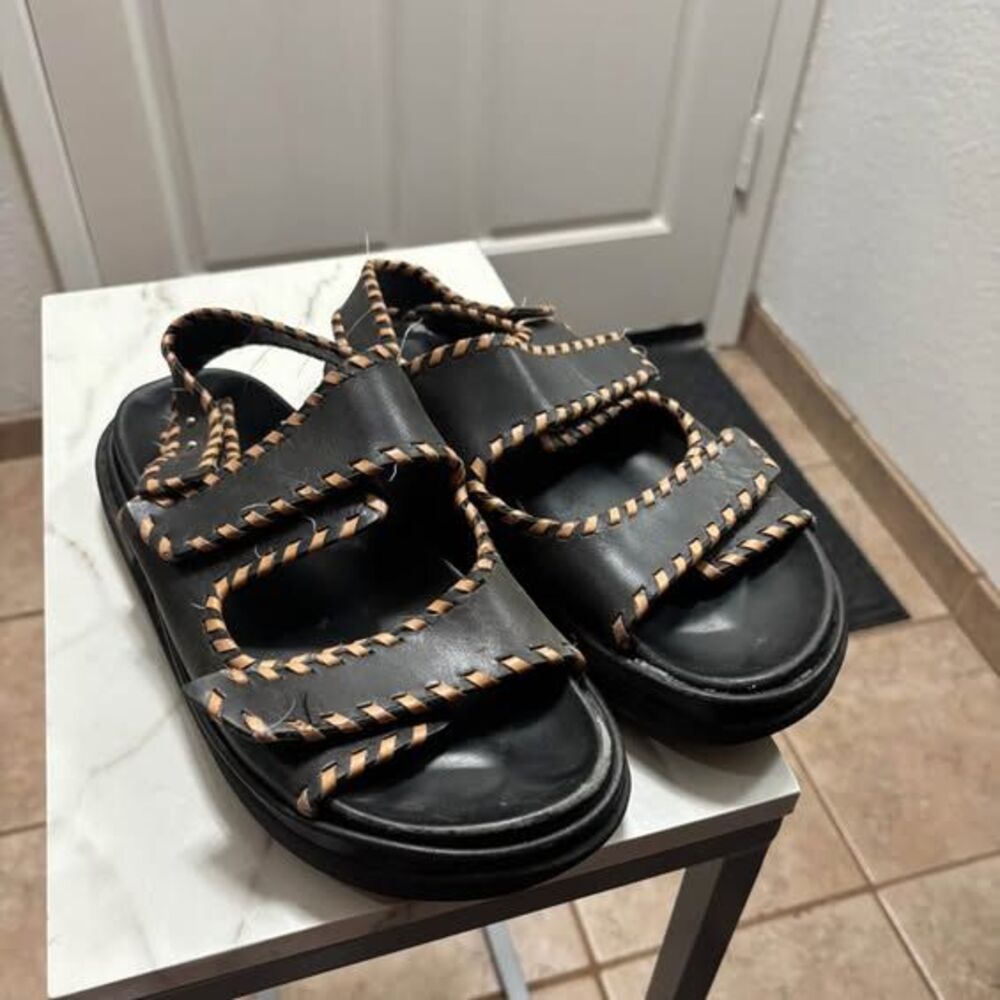 Alohas Black Leather Sandals Whipstitch Straps Size 41 Made In Spain